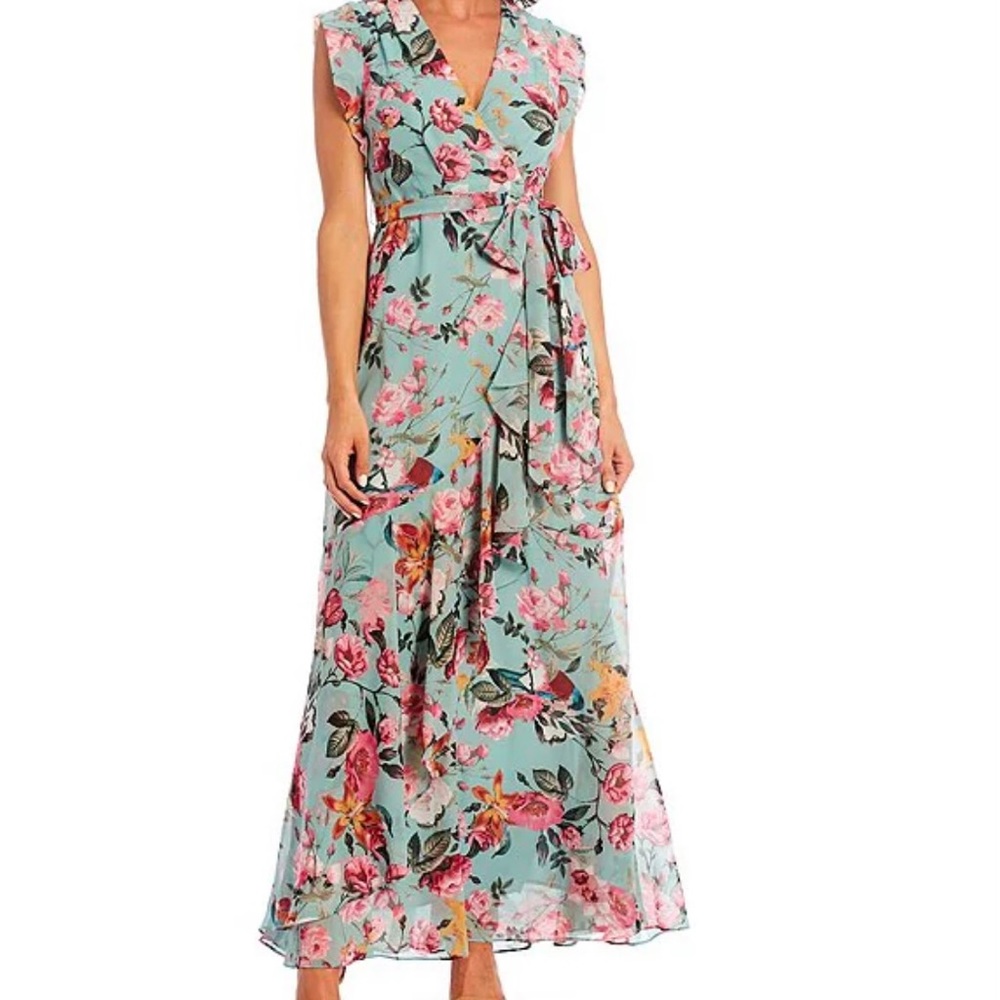 Size 16 - Floral Print Faux Wrap Tie Waist V-Neck Ruffle Front Maxi Dress